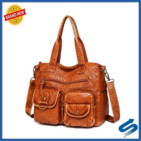 Handbags - Medium Vegan Leather Hobo Satchel Purse with Adjustable Strap, Multi-Pocket
